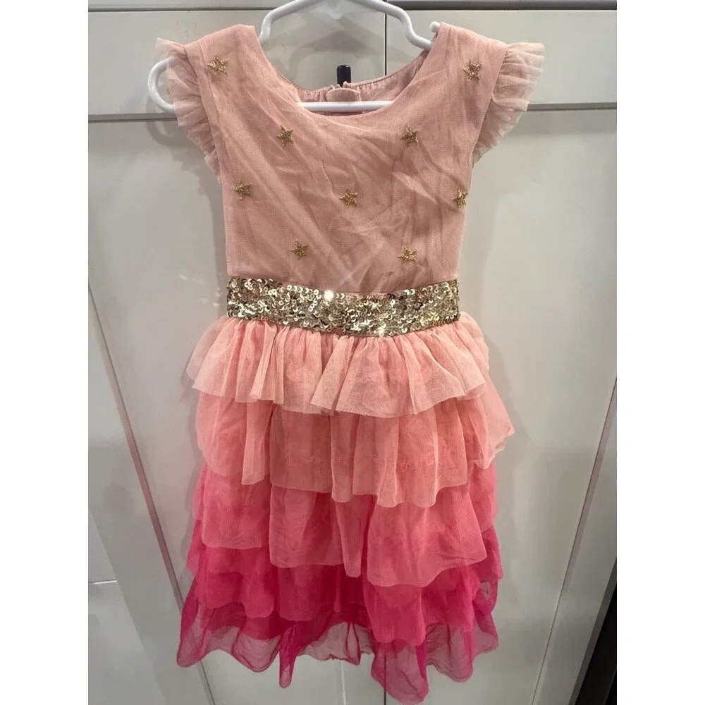 Harry Potter Mini Boden Girls Pink & Gold Star Tulle Dress With Sequin Belt - Si
